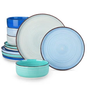 vancasso 12 Pieces Dinnerware Sets, Plates and Bowls Set for 4, Stoneware Dinner Set, Blue